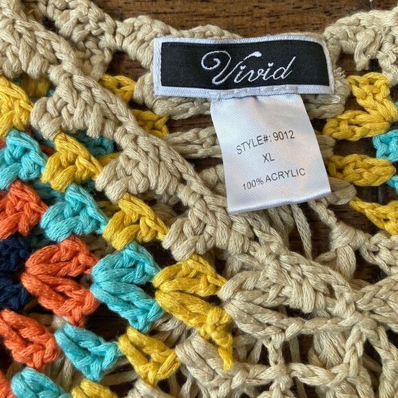 Vivid Boho Crochet Fringe Tank Top XL Granny Square Patchwork Summer Festival - Picture 3 of 5